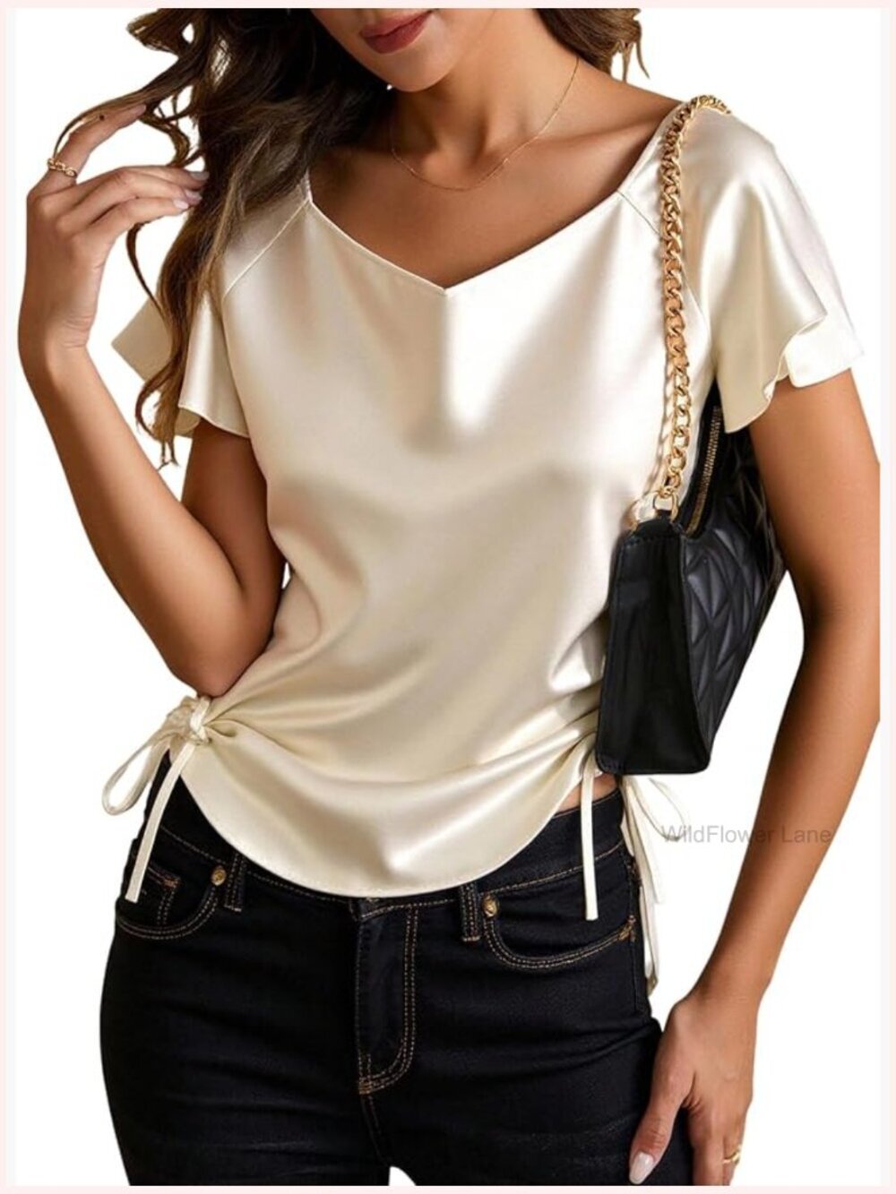 Elegant Satin Ruffle Sleeve Blouse Drawstring Ruched V Neck Dressy Casual Tops